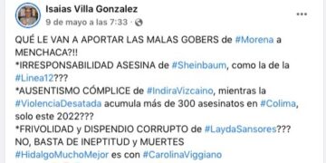 INDIRA ES UNA GOBERNADORA “AUSENTE” EN PLENA OLA VIOLENCIA, DICE LA NUEVA IZQUIERDA DEL PRD